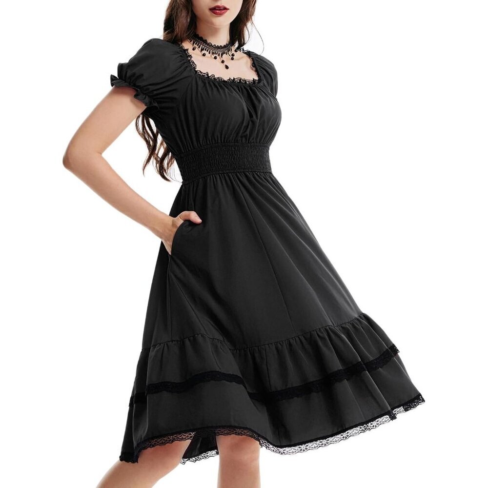 Women's Scarlet Darkness Gothic Victorian Dress Renaissance Midi Dress Navy Blue